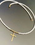 14k gold cross and small 2mm beads with 2mm white shiny beads necklace
