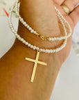 14k gold plain cross with 3.5mm freshwater pearls necklace
