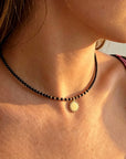 14k gold sun pendant with 2mm spinel black beads necklace SP-00