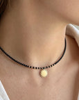 14k gold sun pendant with 2mm spinel black beads necklace SP-00