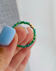 Ring 14k gold beads 2mm and 2mm green speaking beads