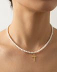 14k gold small cross with 3.5mm freshwater pearls necklace