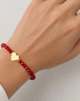 14k gold engraving heart with glass red beads bracelet 4mm GRB