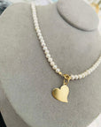 14k gold small stone heart and 2mm beads with 3.5mm freshwater pearls necklace