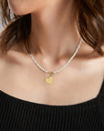 14k gold small stone heart and 2mm beads with 3.5mm freshwater pearls necklace