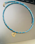 14k gold heart and 2mm beads and 2mm multicoloured beads necklace