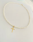 14k gold small cross with 3.5mm freshwater pearls necklace