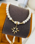 14k gold  star pendant with 2.5mm beads and 4.5mm freshwater pearls necklace