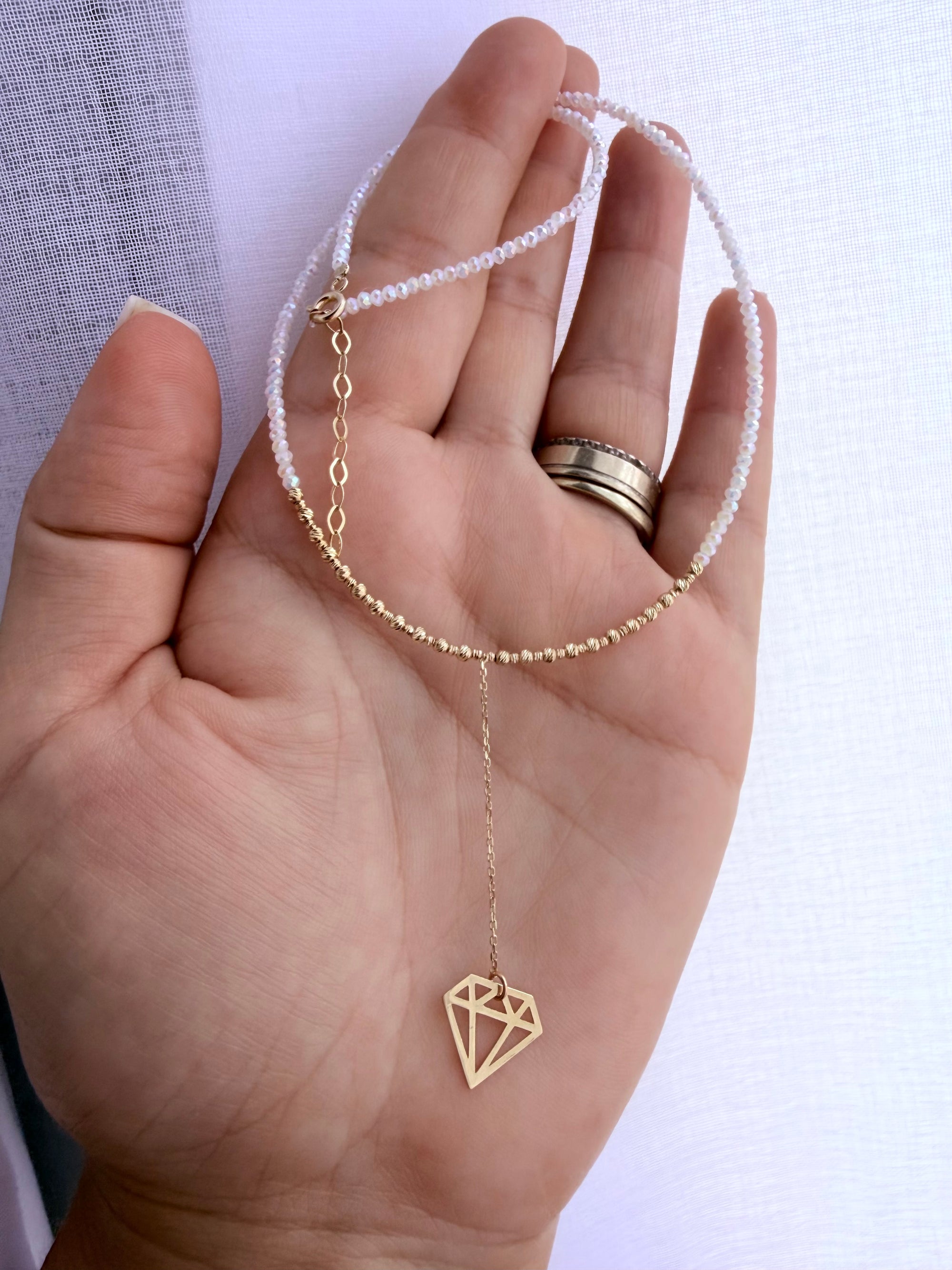 Shiny29 2mm white coated beads with 14k gold 1mm-2mm beads and long diamant shape pendant necklace 37cm+3.5cm