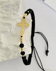 14k gold 20mm cross and 2.5mm beads with 4mm square beads and braided bracelet BLK1