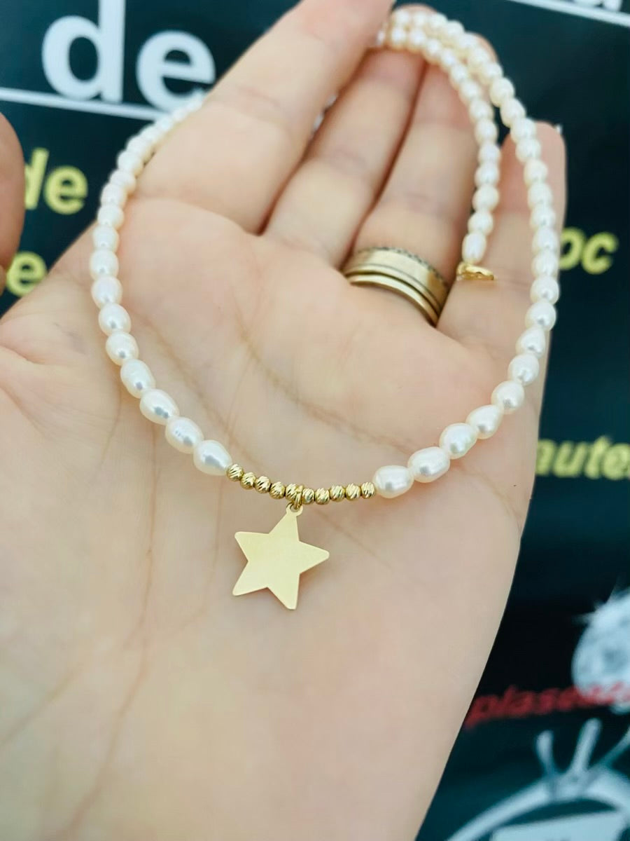 14k gold star and 2mm beads  4mm freshwater pearls engraving necklaces