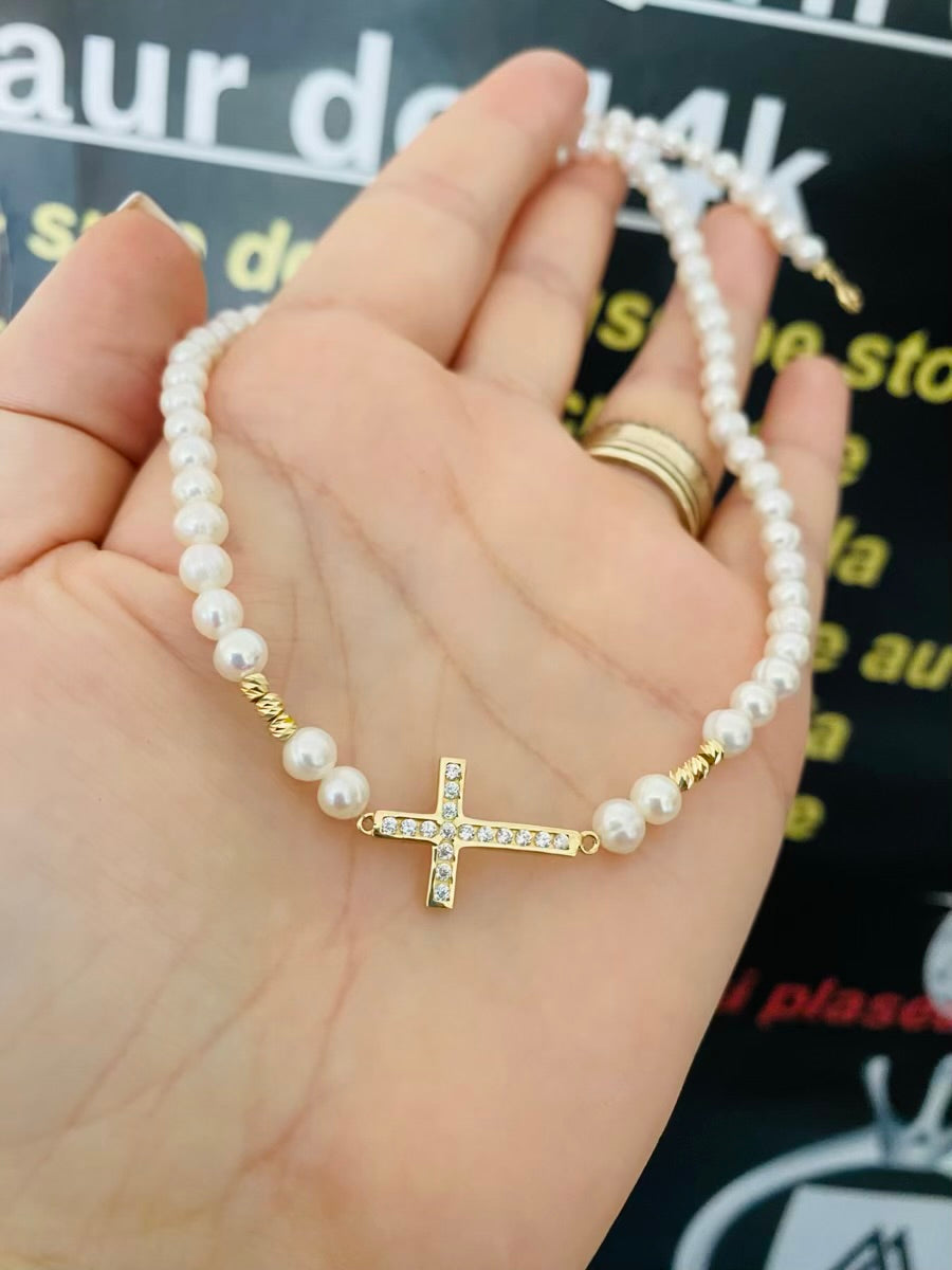 14k gold long cross  and 2.5mm beads  4mm freshwater pearls necklaces
