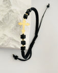 14k gold 20mm cross and 2.5mm beads with 4mm square beads and braided bracelet BLK