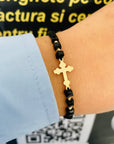 14k gold 20mm cross and 2.5mm beads with 4mm square beads and braided bracelet BLK