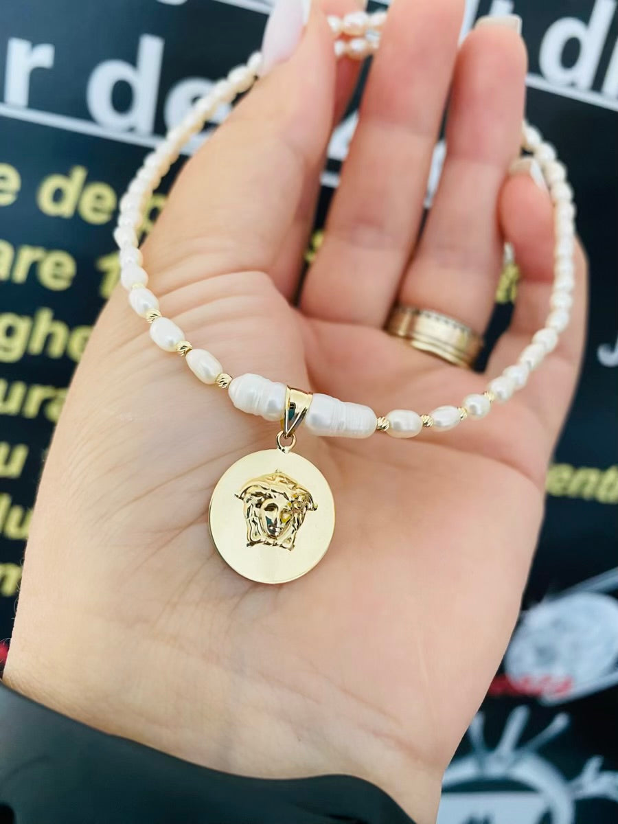 14k gold round medusa 15mm and 2mm beads  4mm freshwater pearls necklaces