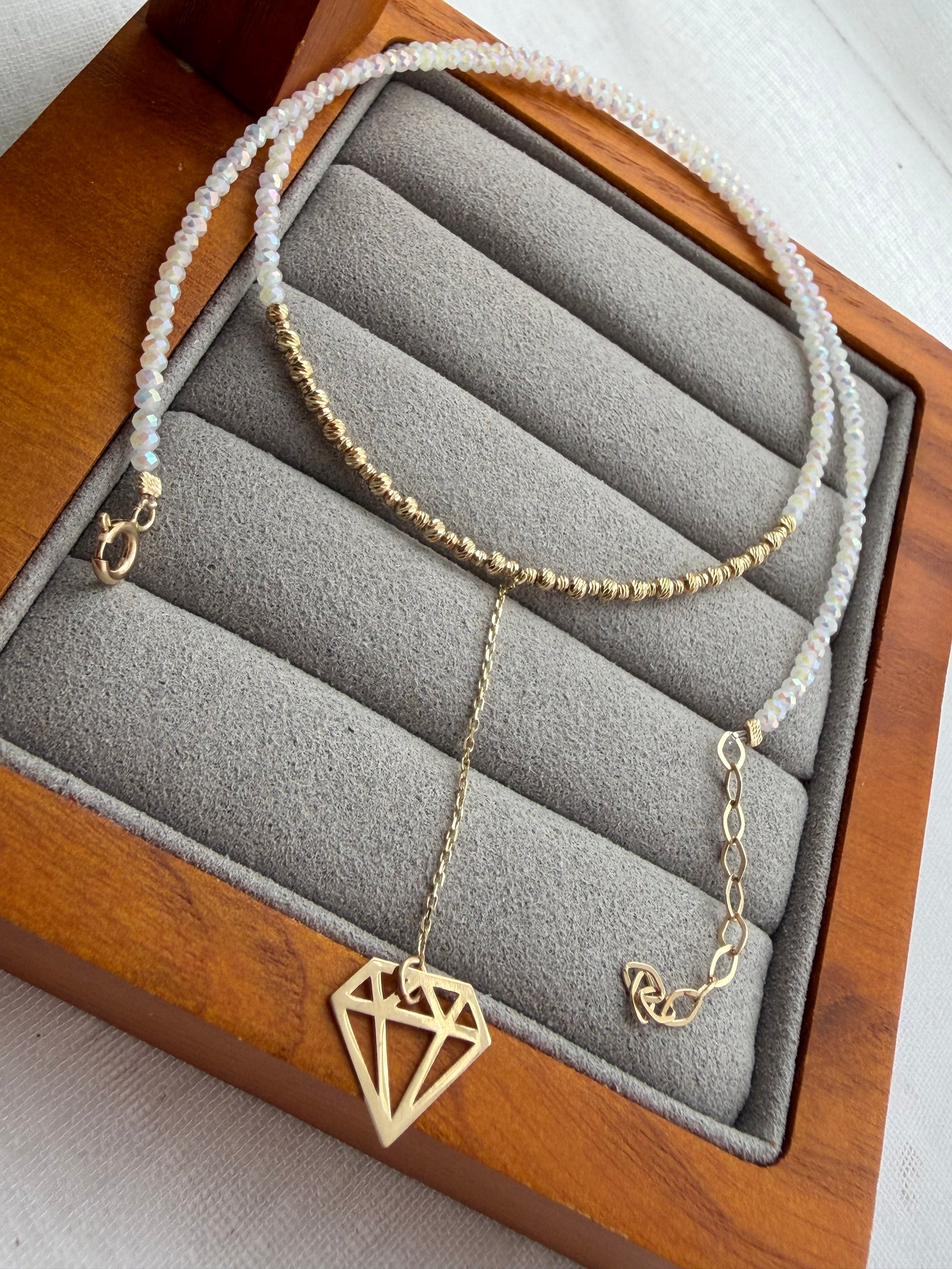 Shiny29 2mm white coated beads with 14k gold 1mm-2mm beads and long diamant shape pendant necklace 37cm+3.5cm