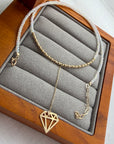 Shiny29 2mm white coated beads with 14k gold 1mm-2mm beads and long diamant shape pendant necklace 37cm+3.5cm