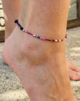 Ankle bracelet with 14k golf 2mm beadsx 5 and multicoloured small beads