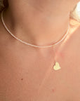14k gold engraving heart and claps  necklace with 1.8mm shiny poly beads