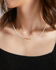 14k gold cross and small 2mm beads with 2mm white shiny beads necklace