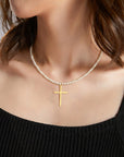14k gold plain cross with 3.5mm freshwater pearls necklace