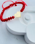 14k gold engraving heart with glass red beads bracelet 4mm GRB