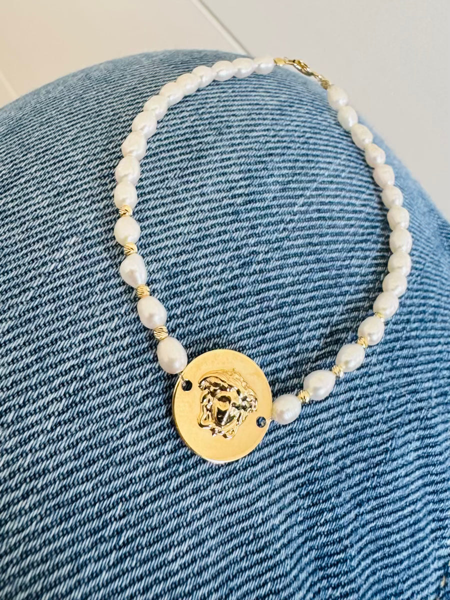14k gold 15mm pendant Medusa with 4mm freshwater pearls bracelet