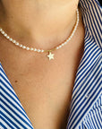 14k gold star and 2mm beads  4mm freshwater pearls engraving necklaces