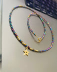 14k gold star  and 2mm beads and 2mm multicoloured beads   necklace