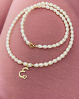 14k gold Letter E necklaces with freshwater pearls  40cm